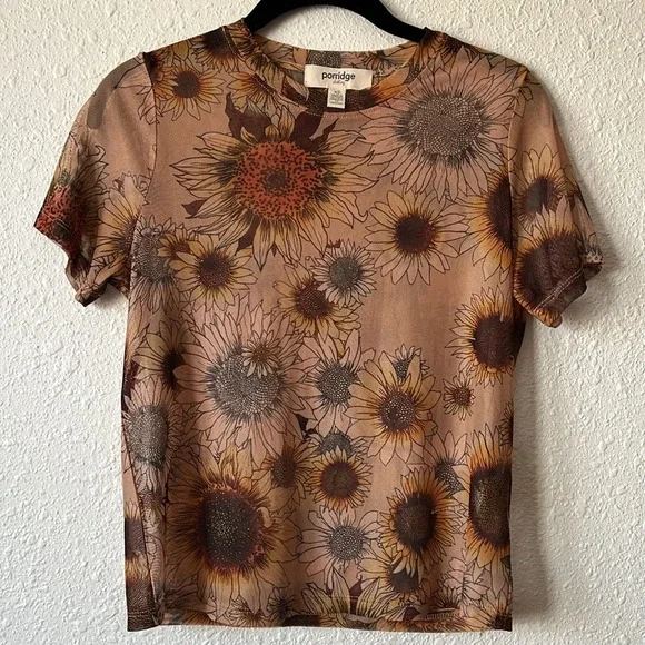 Anthropologie Porridge Short-Sleeve Mesh Tee Sunflower Print Size XS - Picture 2 of 7